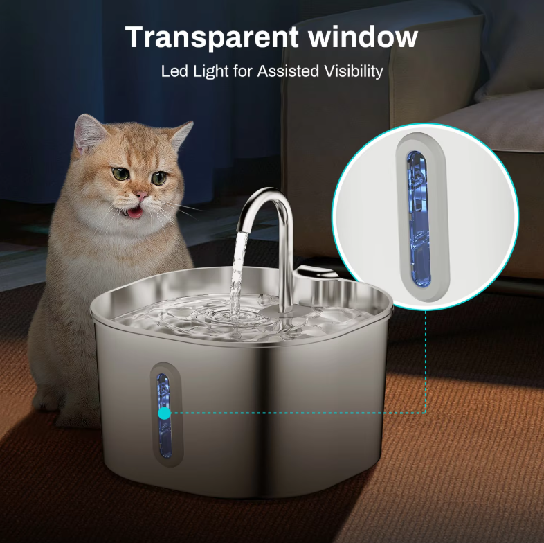 Stainless Steel Automatic Pet Water Fountain with LED Window and Multi-Layer Filtration